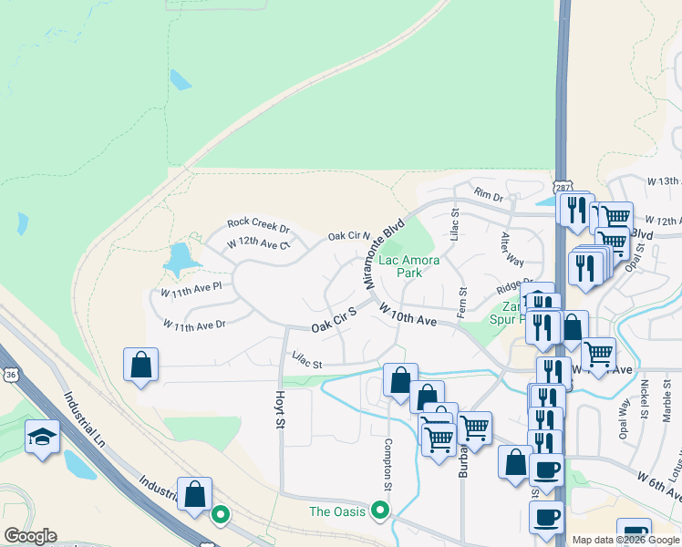 map of restaurants, bars, coffee shops, grocery stores, and more near 1167 Maple Drive in Broomfield