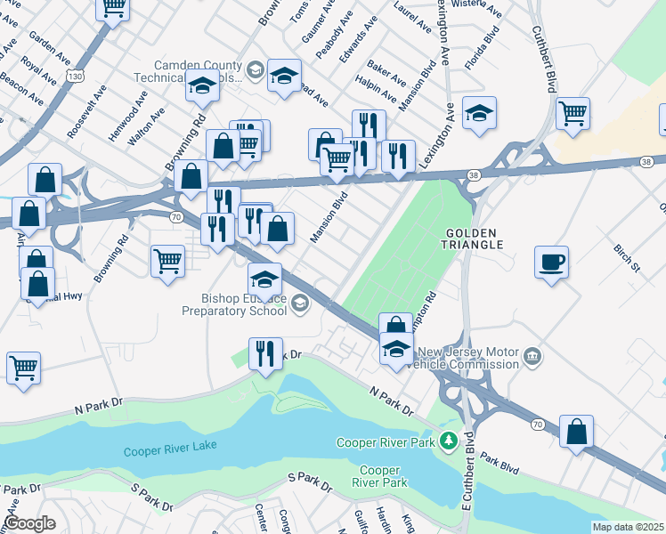 map of restaurants, bars, coffee shops, grocery stores, and more near 5448 Garden Avenue in Pennsauken Township