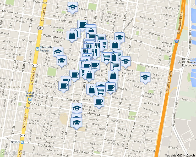 map of restaurants, bars, coffee shops, grocery stores, and more near 740 Medina Street in Philadelphia