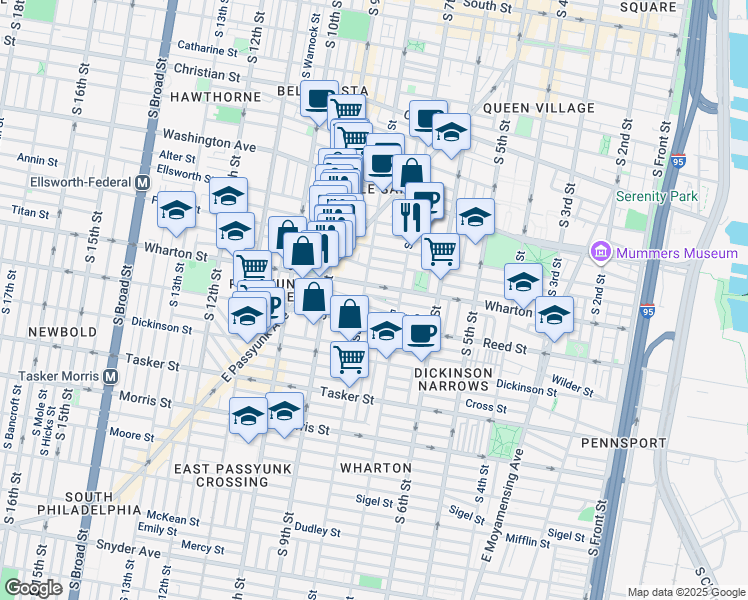 map of restaurants, bars, coffee shops, grocery stores, and more near 740 Medina Street in Philadelphia
