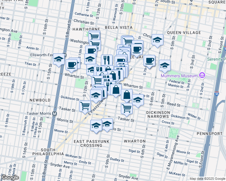 map of restaurants, bars, coffee shops, grocery stores, and more near 1309 South 10th Street in Philadelphia