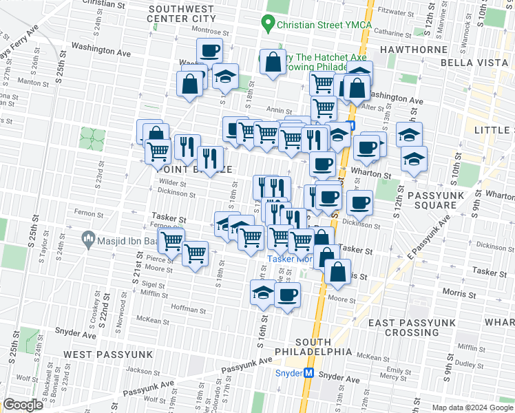 map of restaurants, bars, coffee shops, grocery stores, and more near 1413 South 17th Street in Philadelphia