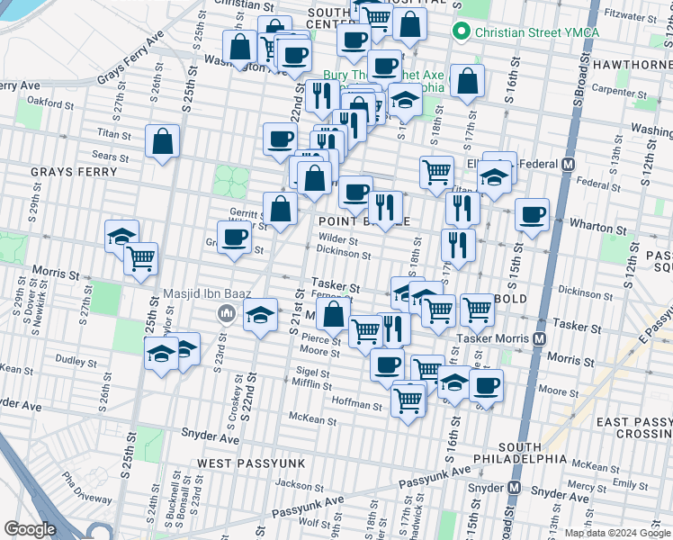 map of restaurants, bars, coffee shops, grocery stores, and more near 1531 South Woodstock Street in Philadelphia