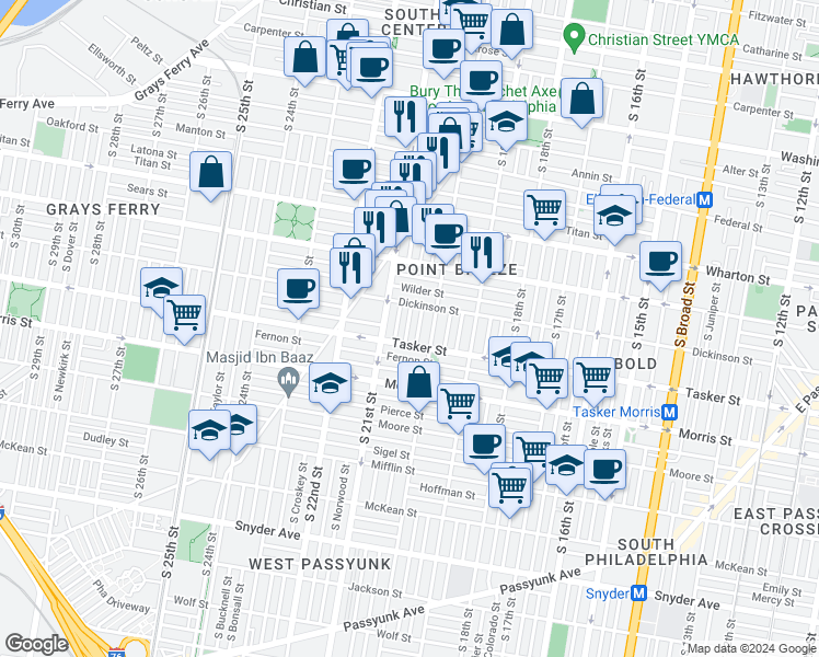 map of restaurants, bars, coffee shops, grocery stores, and more near 2020 Dickinson Street in Philadelphia