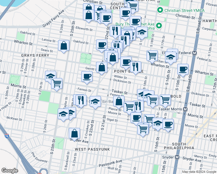 map of restaurants, bars, coffee shops, grocery stores, and more near 2100 Cross Street in Philadelphia