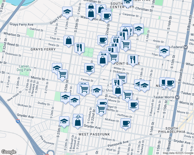 map of restaurants, bars, coffee shops, grocery stores, and more near 1514 South 22nd Street in Philadelphia