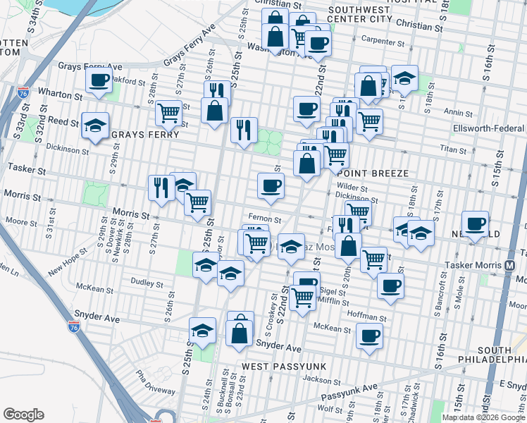 map of restaurants, bars, coffee shops, grocery stores, and more near 2300 Greenwich Street in Philadelphia