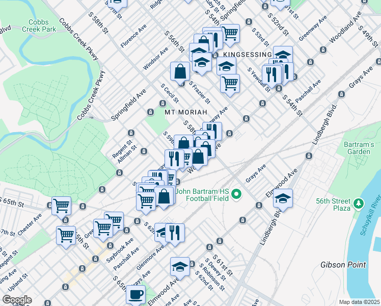 map of restaurants, bars, coffee shops, grocery stores, and more near 2100 South 58th Street in Philadelphia