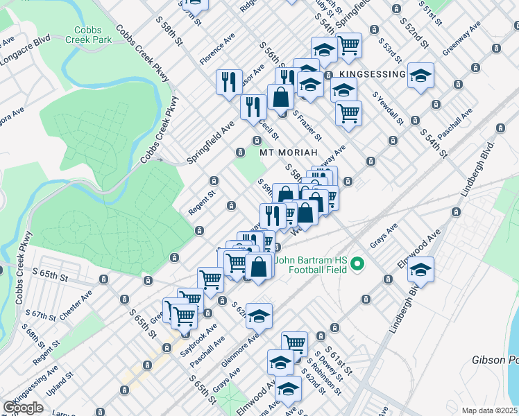 map of restaurants, bars, coffee shops, grocery stores, and more near 2032 South 59th Street in Philadelphia