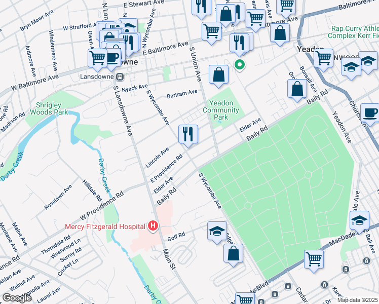 map of restaurants, bars, coffee shops, grocery stores, and more near 111 East Providence Road in Yeadon