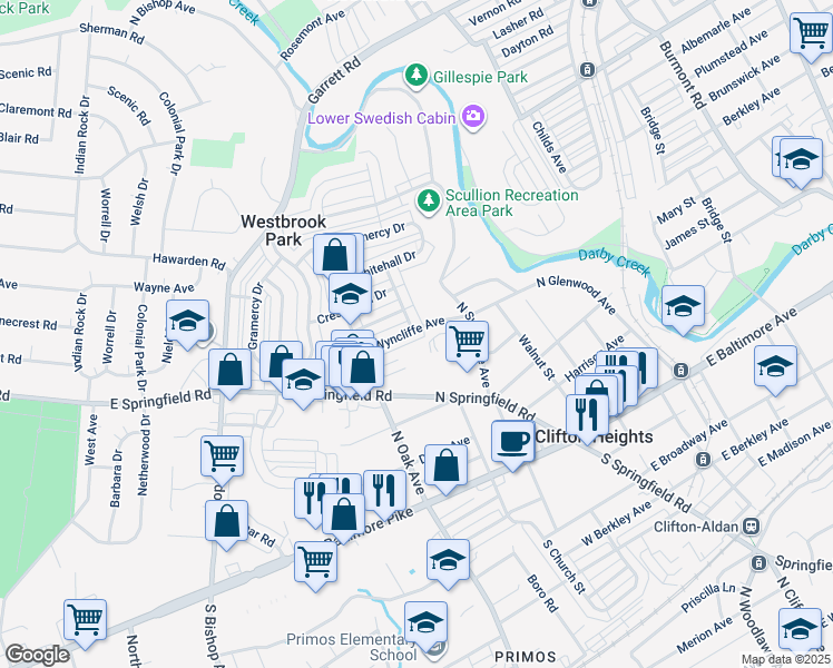 map of restaurants, bars, coffee shops, grocery stores, and more near 214 West Wyncliffe Avenue in Clifton Heights