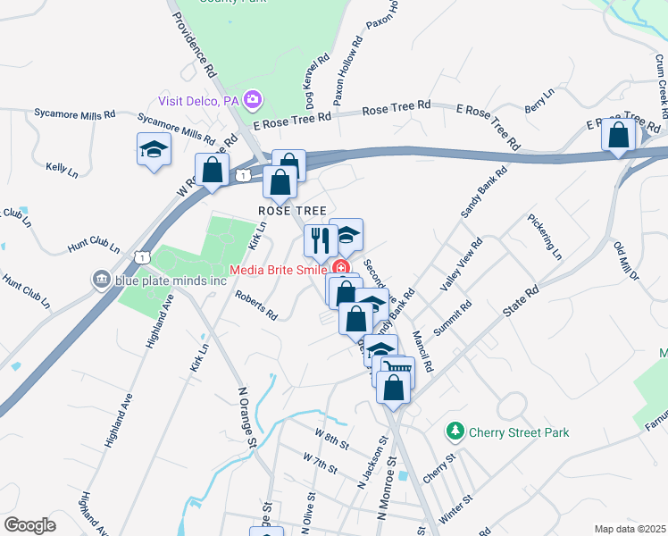 map of restaurants, bars, coffee shops, grocery stores, and more near 1120 First Avenue in Media