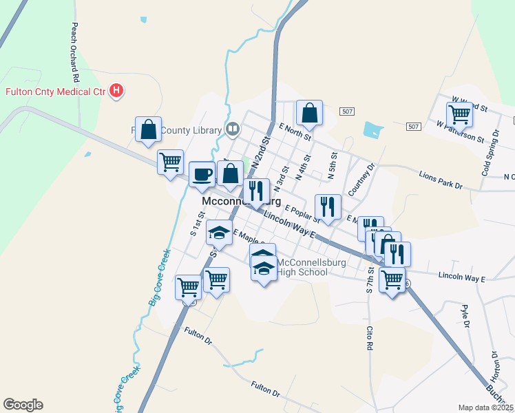 map of restaurants, bars, coffee shops, grocery stores, and more near in McConnellsburg