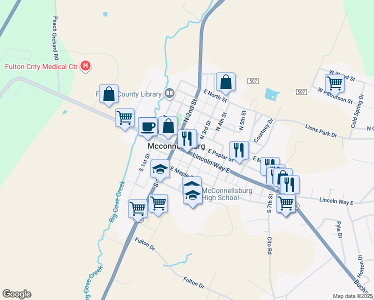 map of restaurants, bars, coffee shops, grocery stores, and more near in McConnellsburg