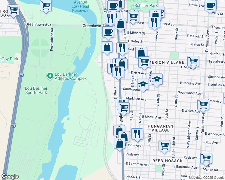 map of restaurants, bars, coffee shops, grocery stores, and more near in Columbus