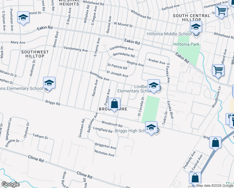 map of restaurants, bars, coffee shops, grocery stores, and more near 1067 Bronwyn Avenue in Columbus