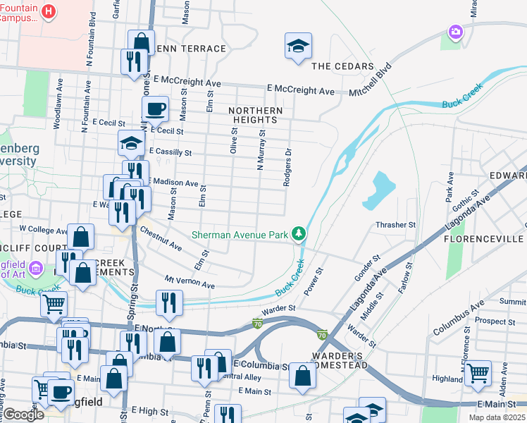 map of restaurants, bars, coffee shops, grocery stores, and more near 721 North Murray Street in Springfield