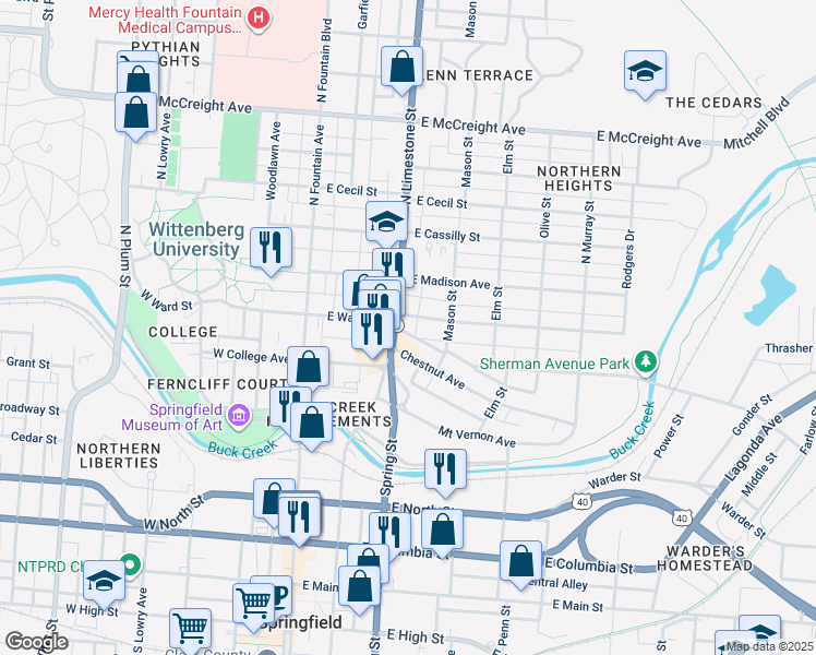 map of restaurants, bars, coffee shops, grocery stores, and more near 222 Stanton Avenue in Springfield