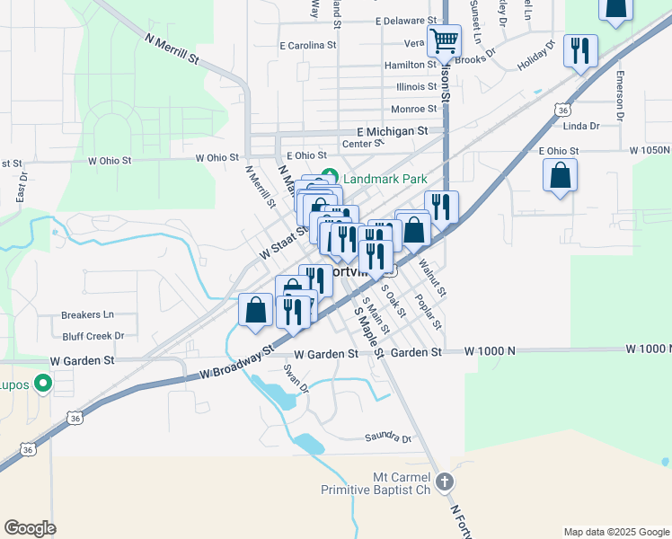 map of restaurants, bars, coffee shops, grocery stores, and more near in Fortville