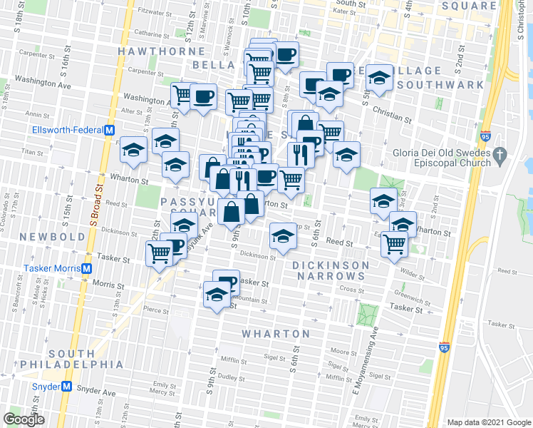 map of restaurants, bars, coffee shops, grocery stores, and more near S 8th St & Sears St in Philadelphia