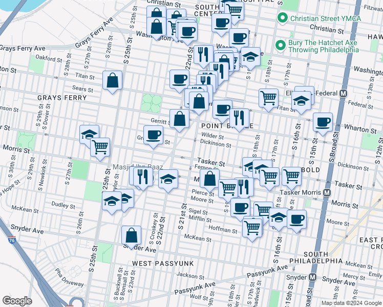map of restaurants, bars, coffee shops, grocery stores, and more near 2100 Cross Street in Philadelphia