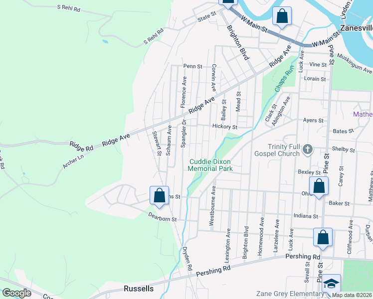 map of restaurants, bars, coffee shops, grocery stores, and more near 489 Gray Street in Zanesville