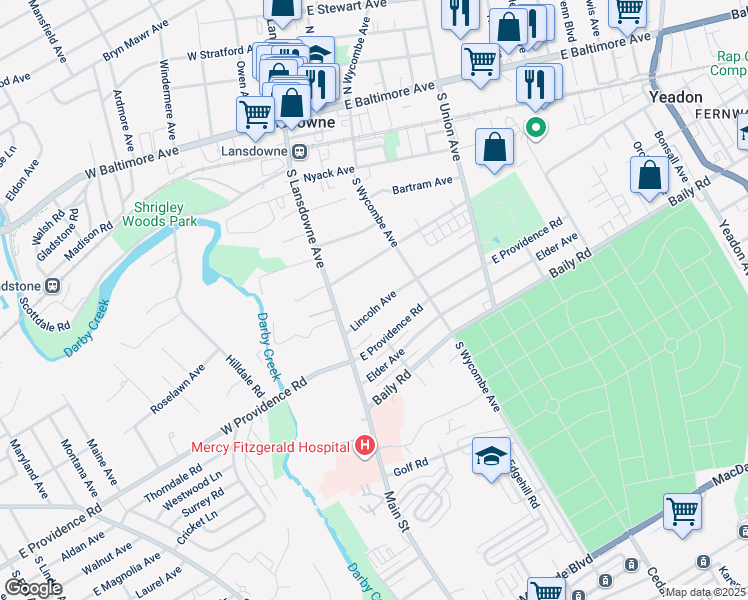 map of restaurants, bars, coffee shops, grocery stores, and more near 33 Lincoln Avenue in Yeadon