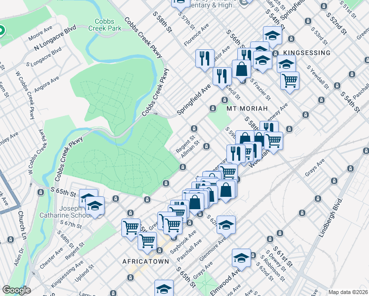 map of restaurants, bars, coffee shops, grocery stores, and more near 6048 Regent Street in Philadelphia