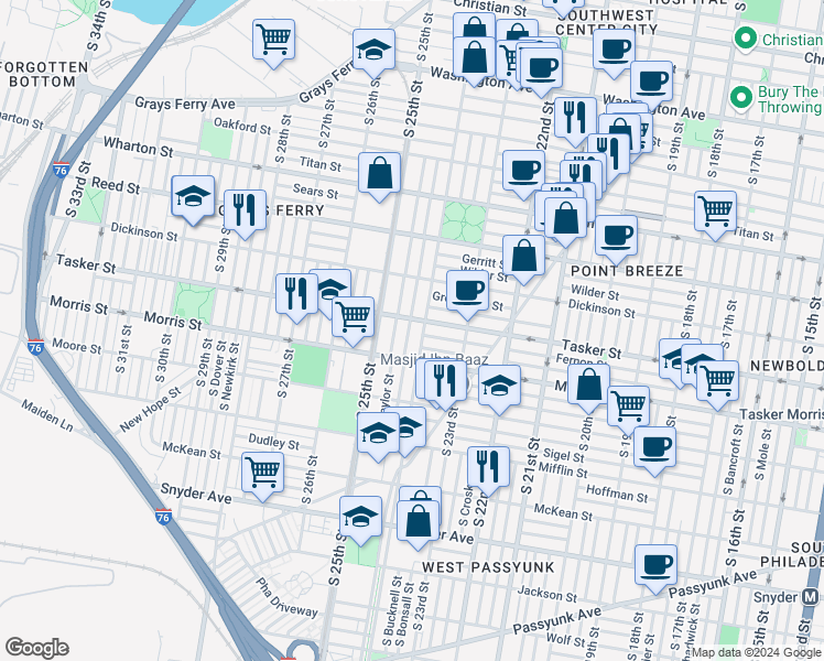 map of restaurants, bars, coffee shops, grocery stores, and more near 1613 South Ringgold Street in Philadelphia