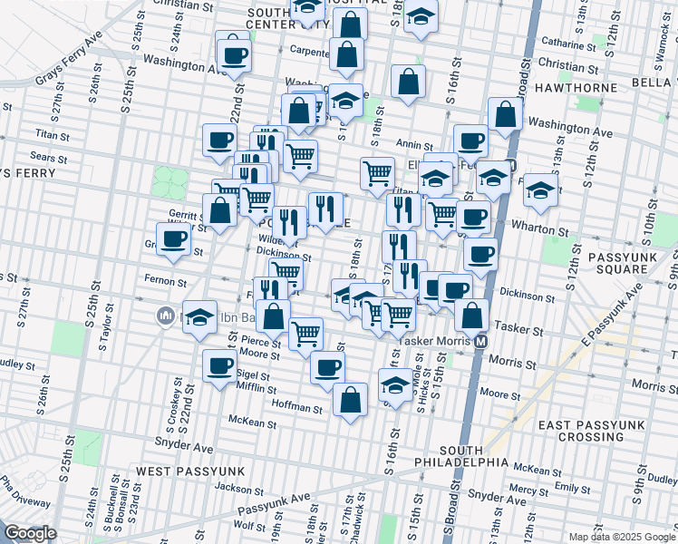 map of restaurants, bars, coffee shops, grocery stores, and more near 1510 South Cleveland Street in Philadelphia