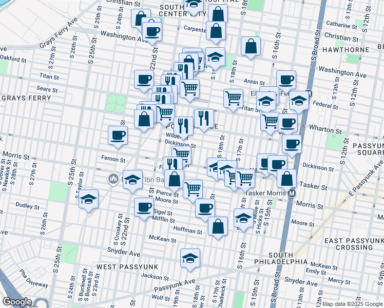 map of restaurants, bars, coffee shops, grocery stores, and more near 1520 South Garnet Street in Philadelphia