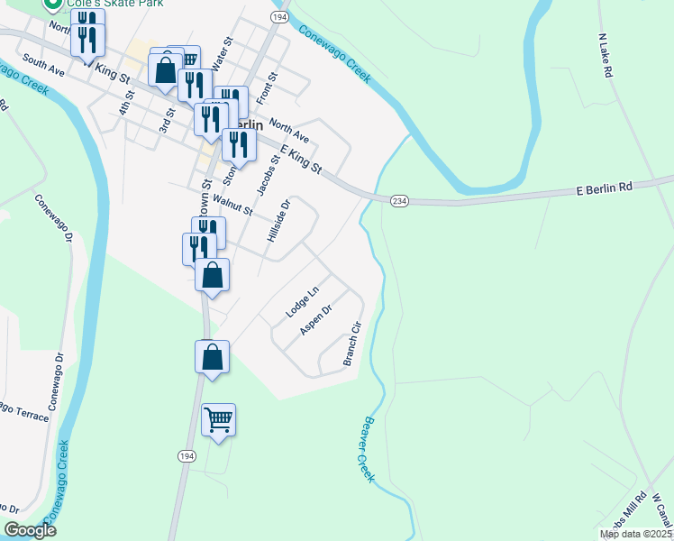 map of restaurants, bars, coffee shops, grocery stores, and more near 112 Branch Circle in East Berlin