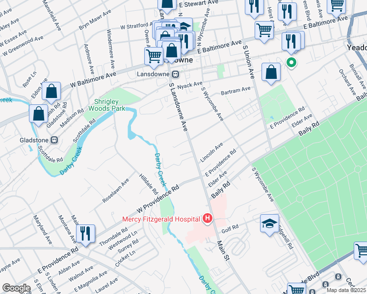 map of restaurants, bars, coffee shops, grocery stores, and more near 400 South Lansdowne Avenue in Lansdowne