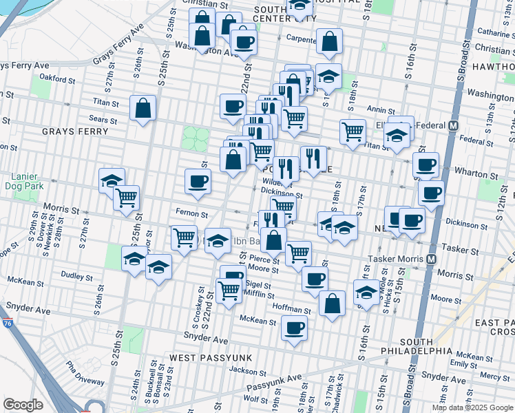 map of restaurants, bars, coffee shops, grocery stores, and more near 1538 South Lambert Street in Philadelphia