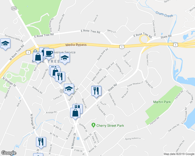map of restaurants, bars, coffee shops, grocery stores, and more near 321 Valley View Road in Media
