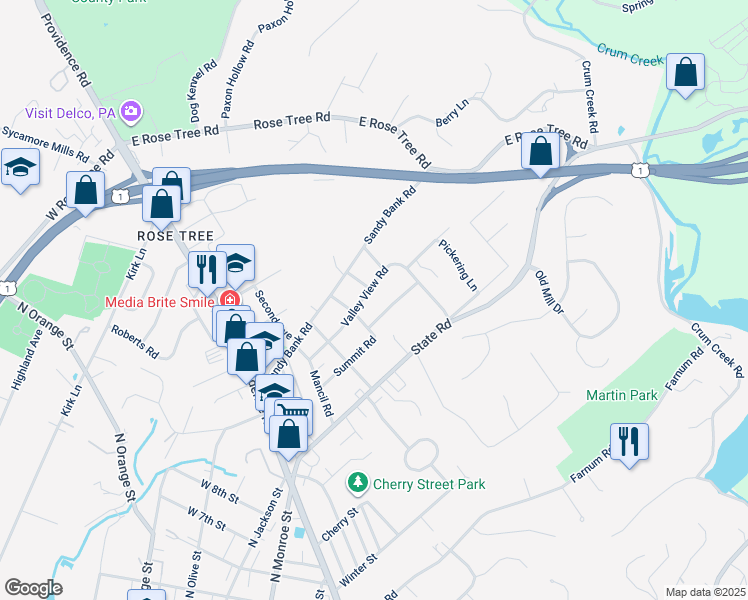 map of restaurants, bars, coffee shops, grocery stores, and more near 321 Valley View Road in Media