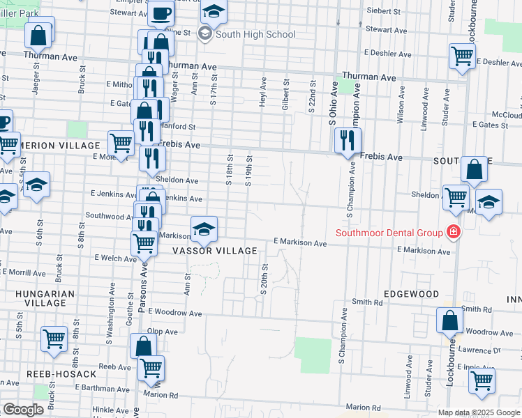 map of restaurants, bars, coffee shops, grocery stores, and more near 707 East Jenkins Avenue in Columbus