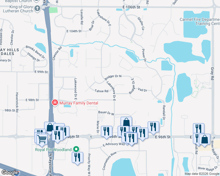 map of restaurants, bars, coffee shops, grocery stores, and more near 3628 Tahoe Court in Carmel