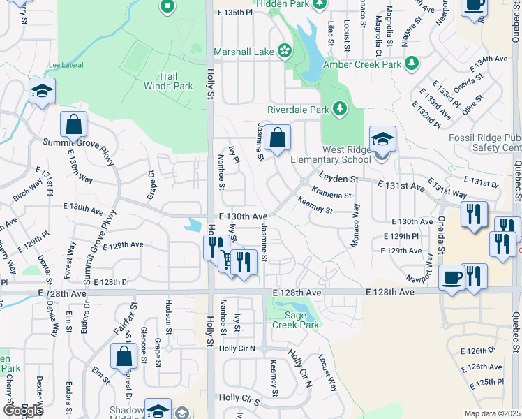 map of restaurants, bars, coffee shops, grocery stores, and more near 5870 East 130th Way in Brighton
