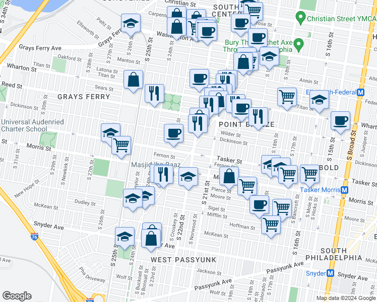 map of restaurants, bars, coffee shops, grocery stores, and more near 1538 Point Breeze Avenue in Philadelphia