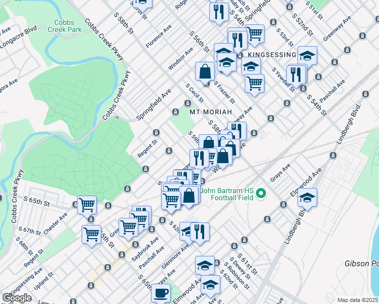 map of restaurants, bars, coffee shops, grocery stores, and more near 2032 South 59th Street in Philadelphia