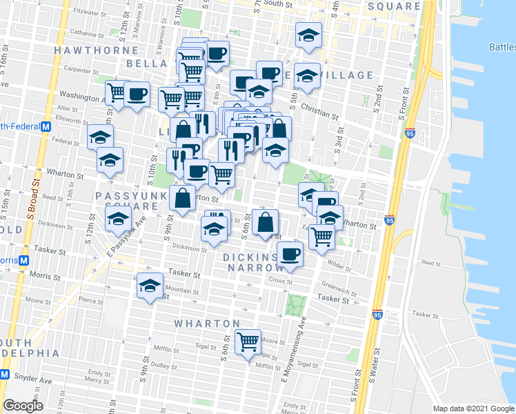 map of restaurants, bars, coffee shops, grocery stores, and more near 526 Wharton St in Philadelphia