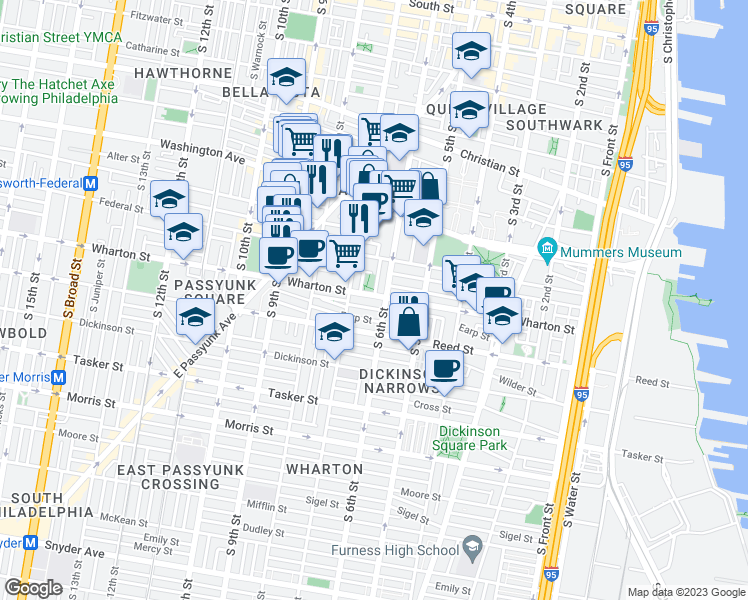 map of restaurants, bars, coffee shops, grocery stores, and more near 614 Wharton Street in Philadelphia