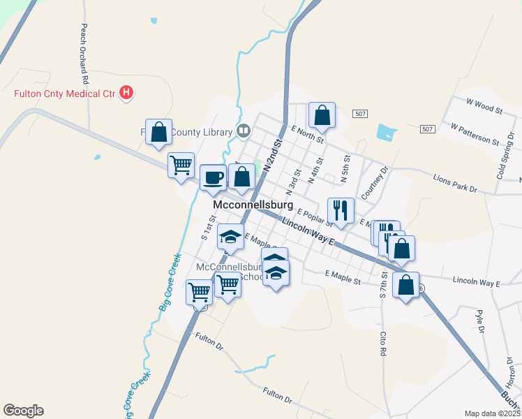 map of restaurants, bars, coffee shops, grocery stores, and more near 114 Lincoln Way East in McConnellsburg