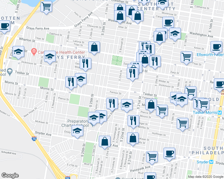 map of restaurants, bars, coffee shops, grocery stores, and more near 2326 Tasker Street in Philadelphia