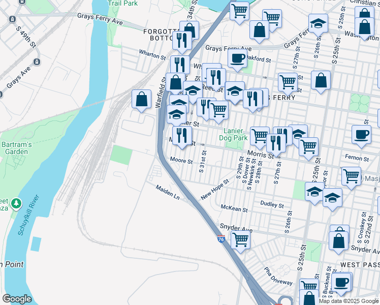 map of restaurants, bars, coffee shops, grocery stores, and more near 1701 South 32nd Street in Philadelphia
