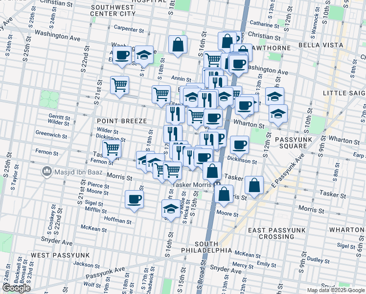map of restaurants, bars, coffee shops, grocery stores, and more near 1442 S 16th St in Philadelphia