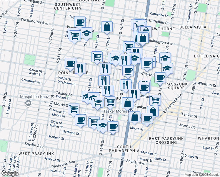 map of restaurants, bars, coffee shops, grocery stores, and more near 1442 S 16th St in Philadelphia