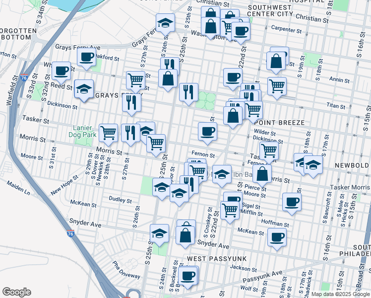 map of restaurants, bars, coffee shops, grocery stores, and more near 1608 South 24th Street in Philadelphia