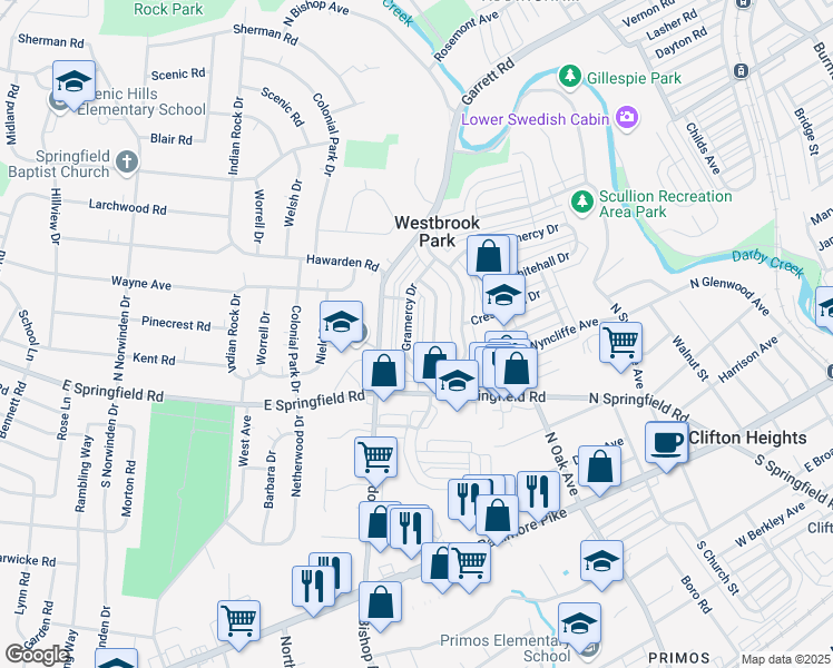 map of restaurants, bars, coffee shops, grocery stores, and more near 253 Gramercy Drive in Clifton Heights